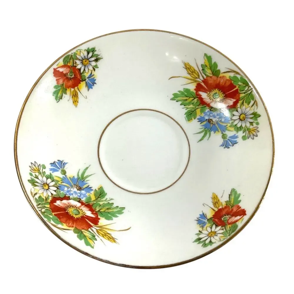 Duchess Bone China England Teacup Saucer Set Wildflower Poppy Gold Trim